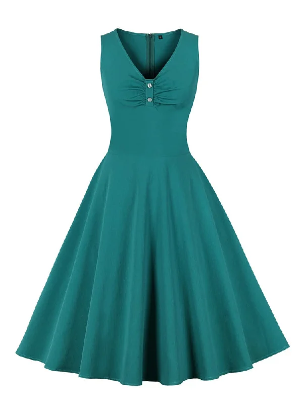 V-Neck Ruched Button Front Sleeveless Women Summer Dress Turquoise Solid Birthday Outfits Ladies Vintage Dresses