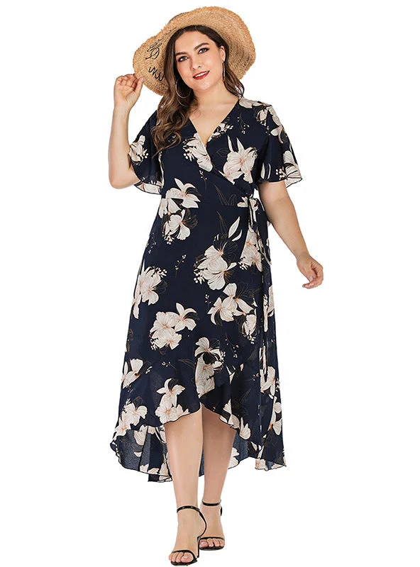 V-neck Ruffled Plant Printed Casual Dress