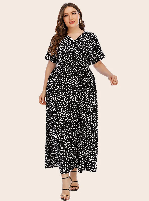 V-neck Short Sleeve Polka Dot Print Dress