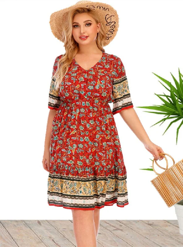 V-neck Short Sleeve Printed Dress