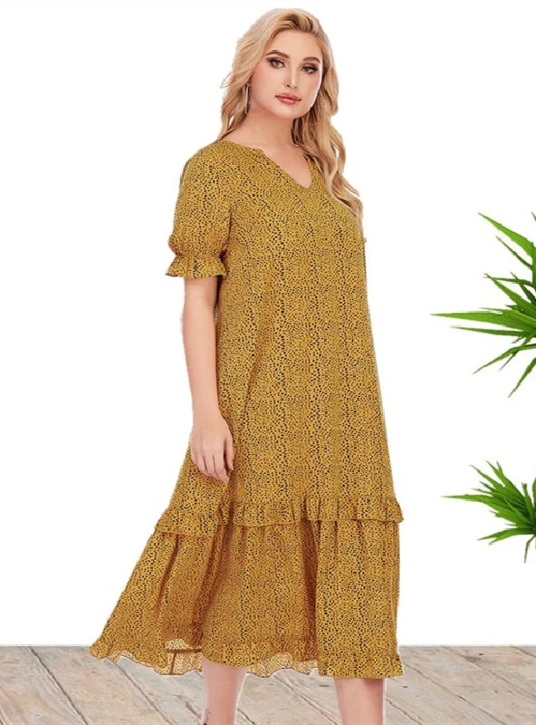 V-neck Short Sleeve Printed Loose Dress