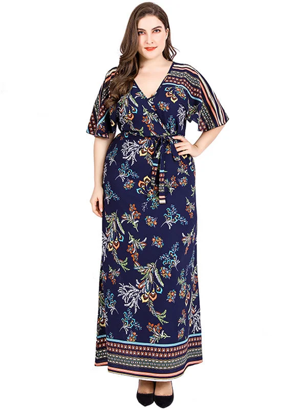 V-neck Short Sleeve Retro Printed Bohemian Chiffon Dress