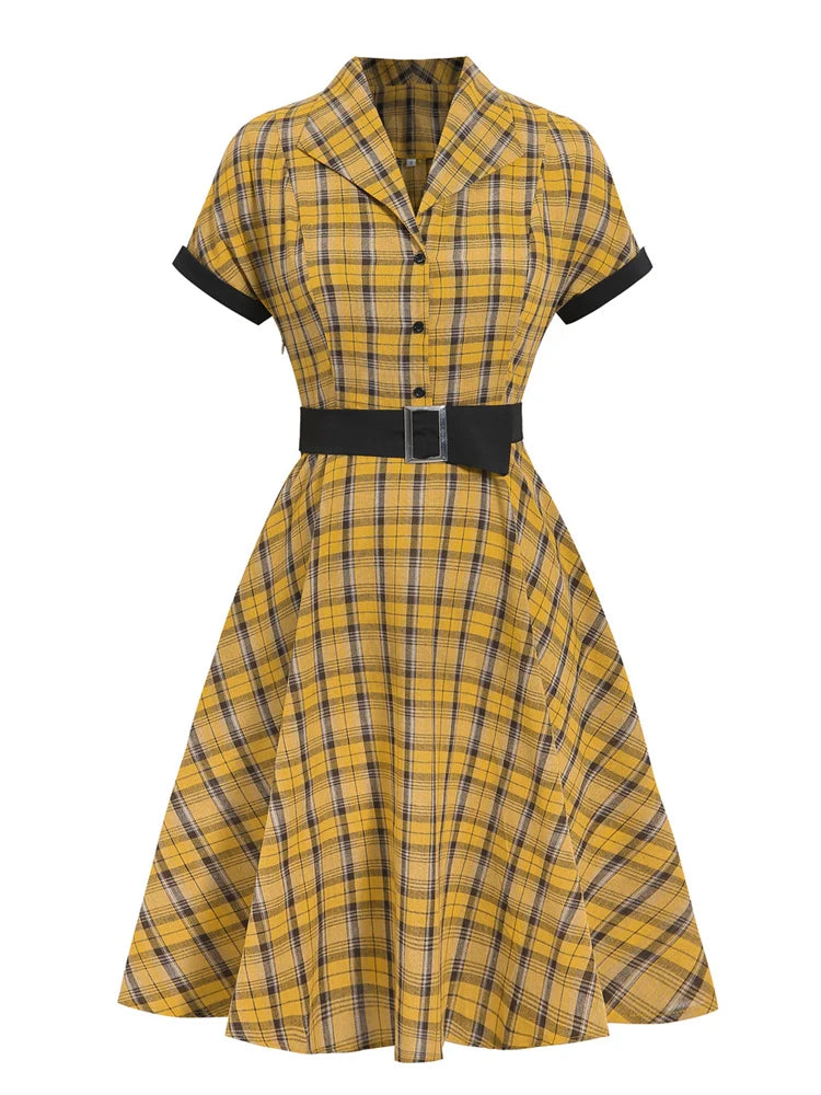 Yellow Plaid Rockabilly 50s Vintage A-Line Dresses Summer Women Turn Down Collar Belted Cotton Retro Dress