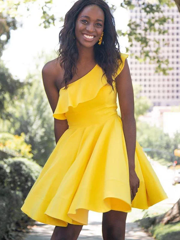 Yellow Satin One Shoulder A-Line Cute Homecoming Dress  Graduation Dress AN311