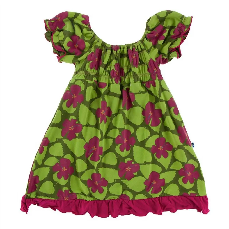 Girl's Bamboo Print Short Sleeve Gathered Dress In Pesto Hibiscus