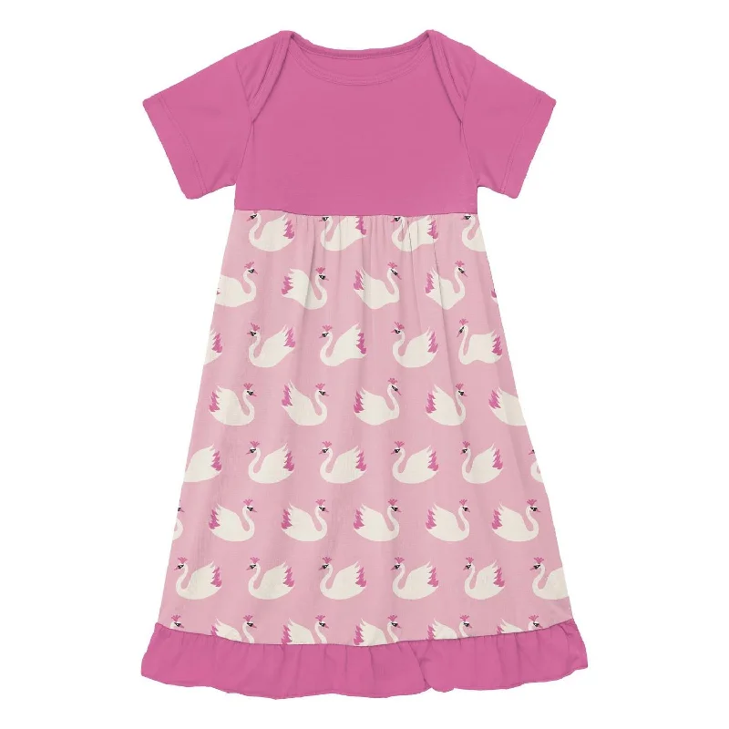 Girl's Bamboo Print Short Sleeve One Piece Dress Romper In Cake Pop Swan Princess