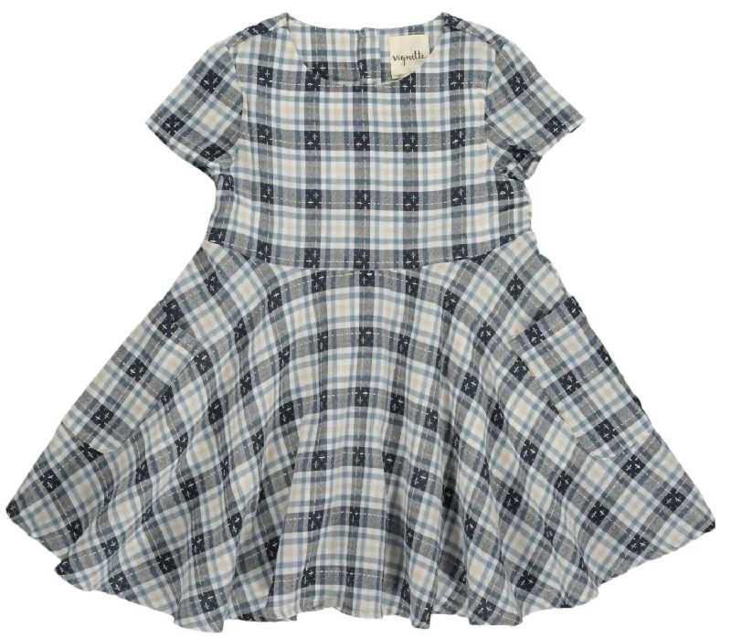 Girl's Debbie Plaid Short Sleeve Woven Dress In Grey & Blue