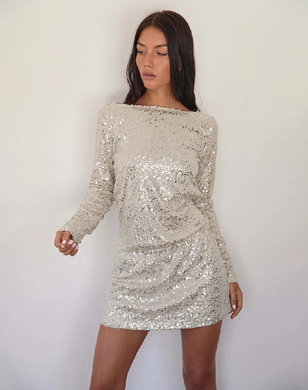 Jasilia Long Sleeve Mini Dress in Neutral Sequin