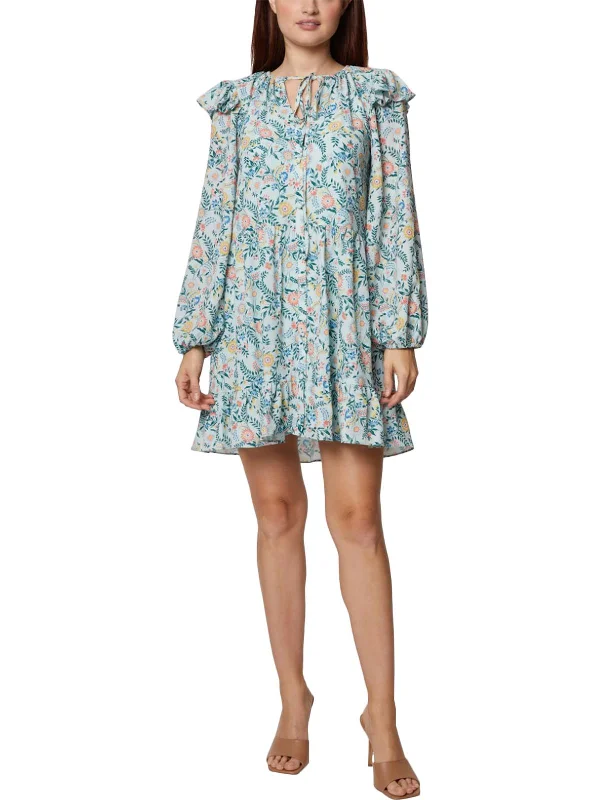 Womens Floral Tie Neck Mini Dress High-waist Denim Skirt