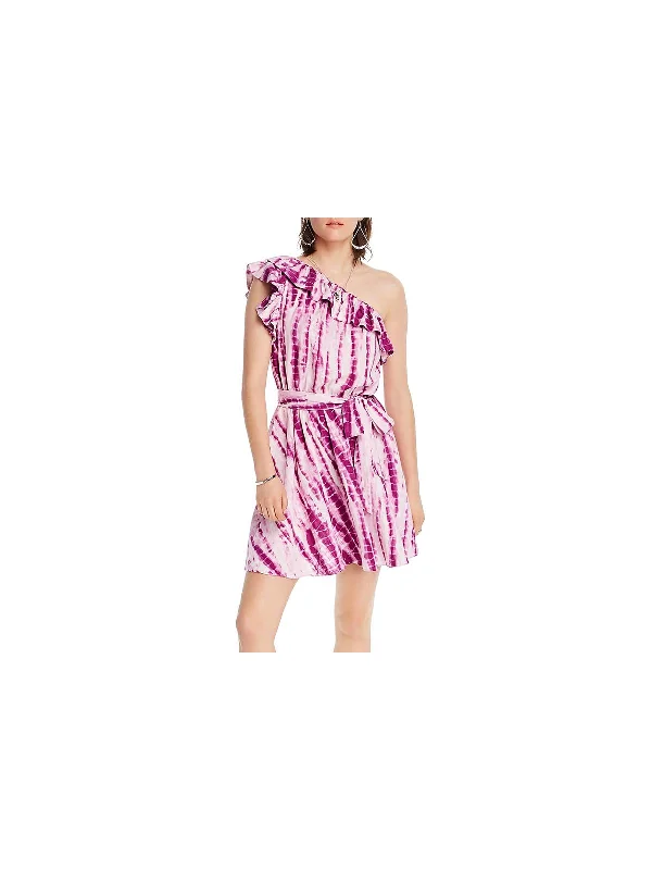 Womens Ruffled Tie-Dye Mini Dress