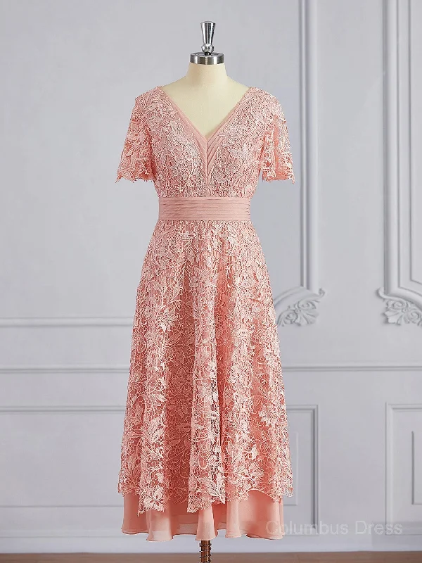 A-Line/Princess V-neck Tea-Length Chiffon Mother of the Bride Dresses With Appliques Lace outfit