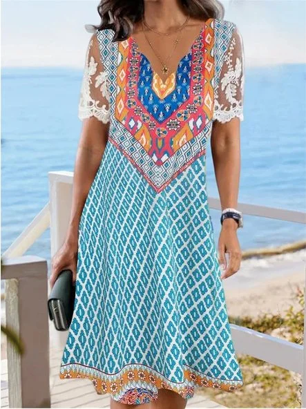 V Neck Lace Boho Regular Fit Dress AA45