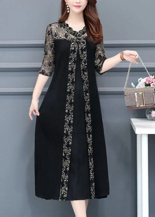 Boutique Black V Neck Lace Patchwork Silk A Line Dresses Half Sleeve LC0067