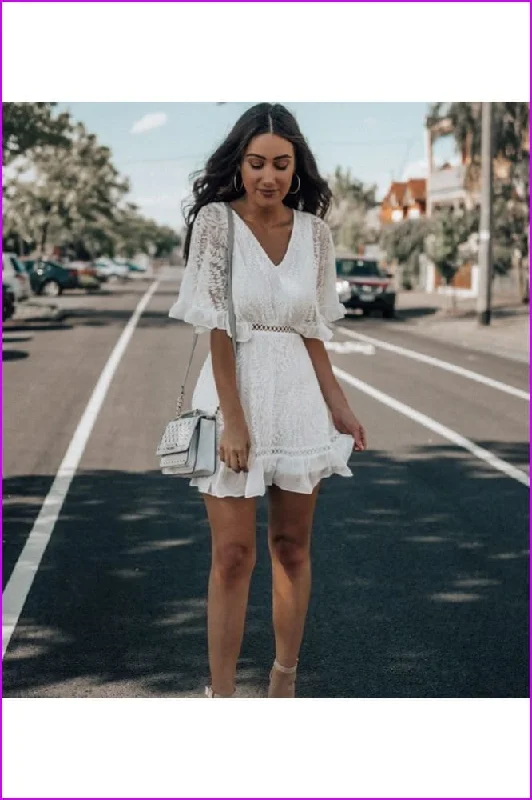 Casual V-Neck Lace Pure Color Half Sleeve Dress