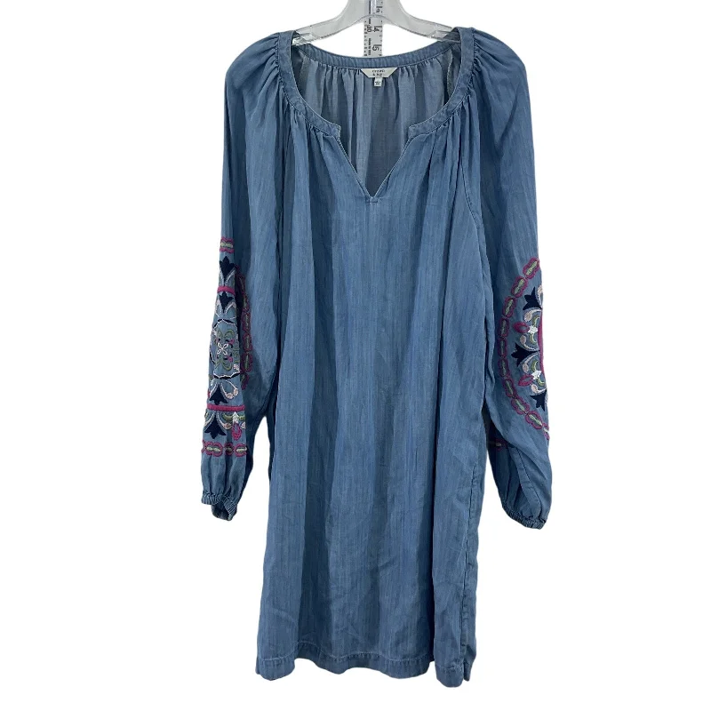 Crown & Ivy Women's Blue Peasant Embroidered LS Midi Shirt Dress L Preowned