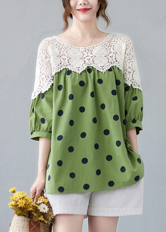 Cute Green O-Neck Dot Lace Patchwork Top Summer AC2029