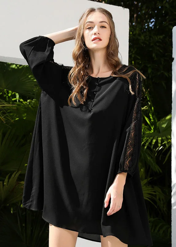 French Black Oversized Patchwork Lace Chiffon Dresses Bracelet Sleeve LY0269