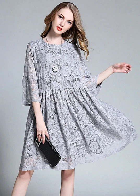 French Grey O-Neck Hollow Out Lace Mid Dress Bracelet Sleeve LY0297