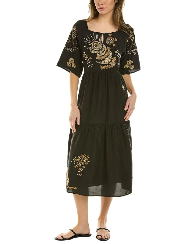 Johnny Was Antonia Raglan Tiered Silk Midi Dress