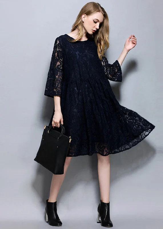 Navy Patchwork Lace A Line Dress O-Neck Oversized Summer LY0298