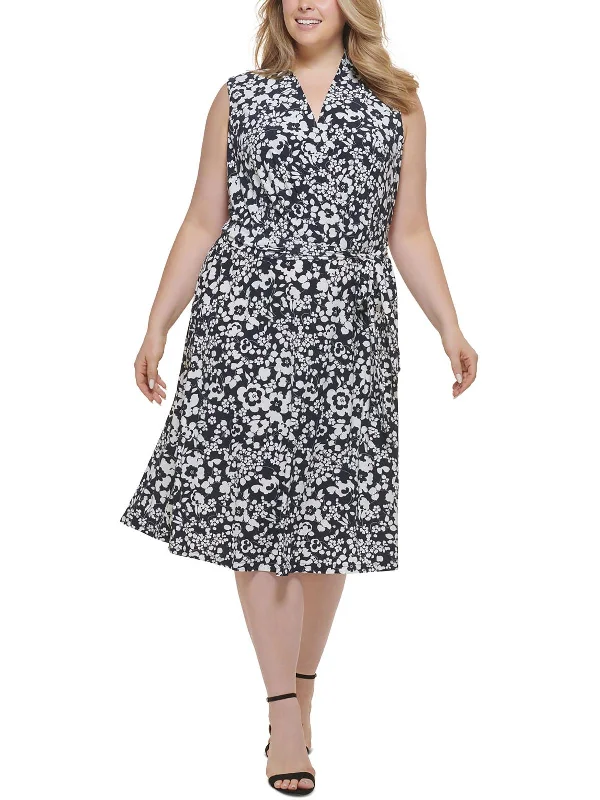 Plus Womens Floral Print Surplice Midi Dress