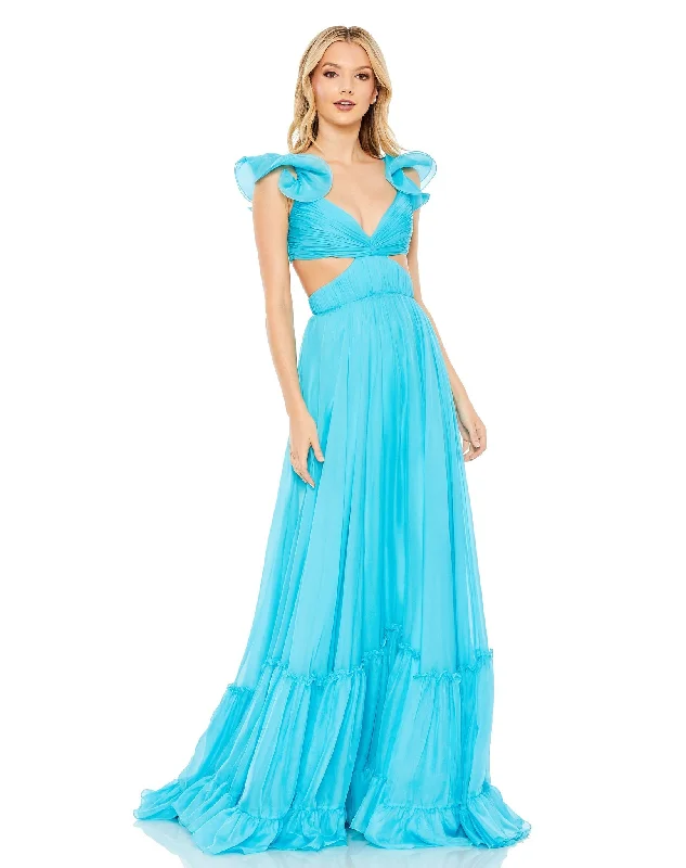 Ruched Ruffled Shoulder Cut Out Lace Up Gown