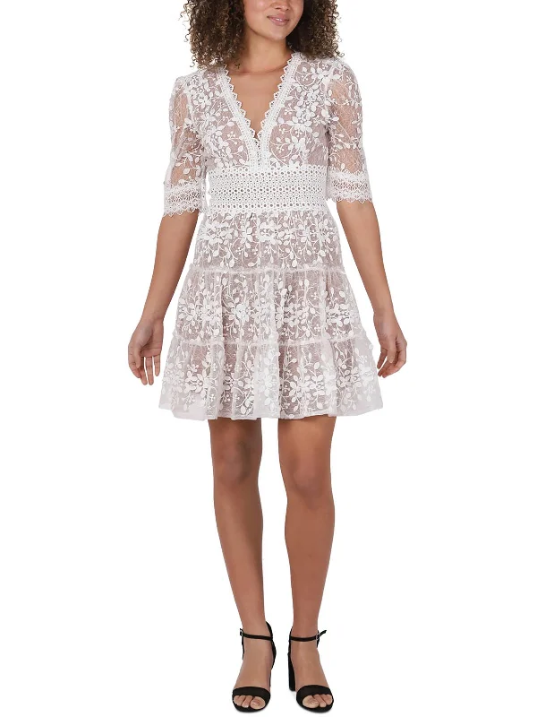 Womens Lace Deep V Fit & Flare Dress